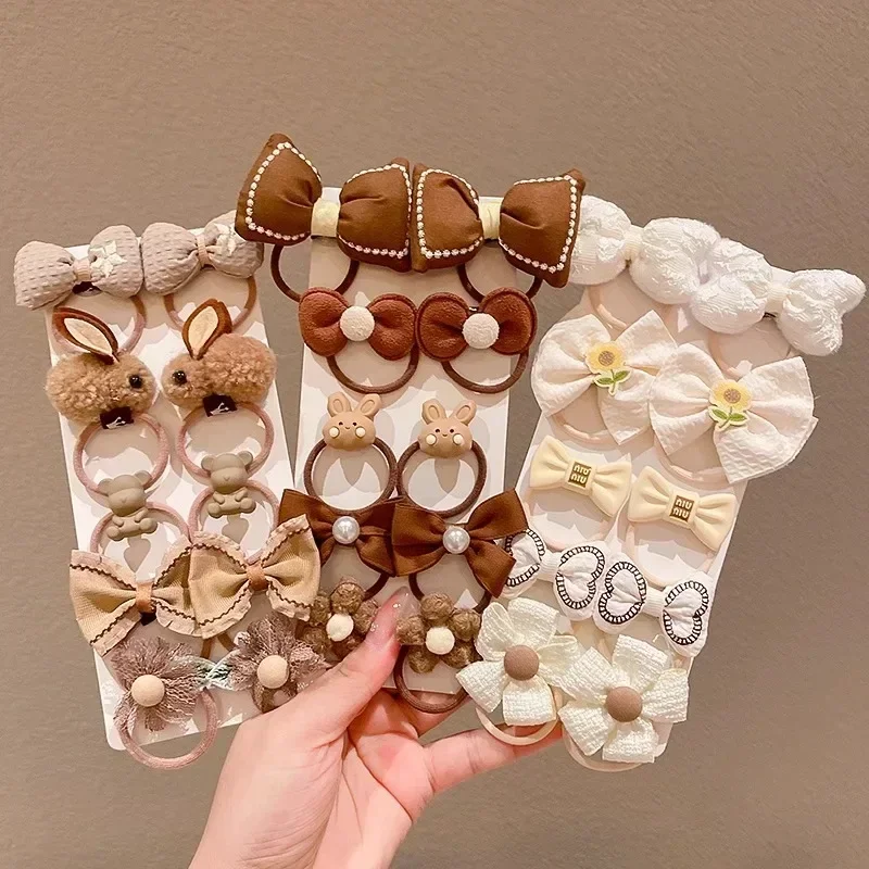 10pcs/set Sweet Cartoon Elastic Hair Band for Kids Beige Coffee Color Cute Bear Bow Hair Tie Toddler Girl Hair Accessories