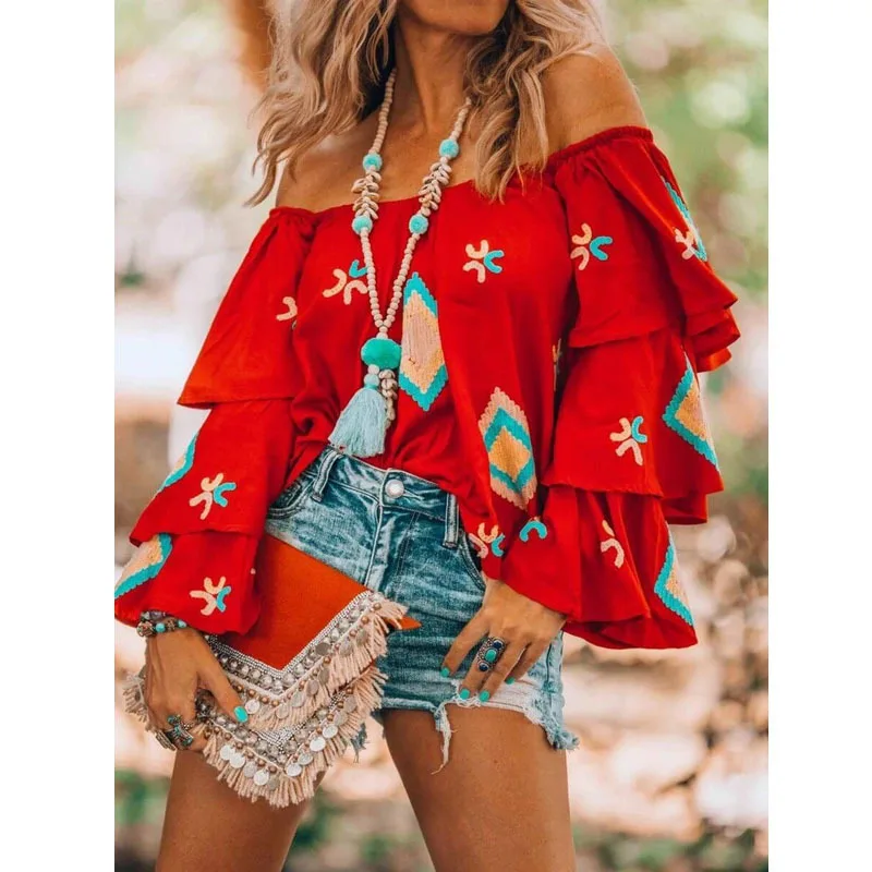 Boho Ruffles Print Shirt Blouse Women Fashion Lantern Sleeve Loose Shirts For Women 2024 Sexy Off Shoulder Beach Pullover Tops