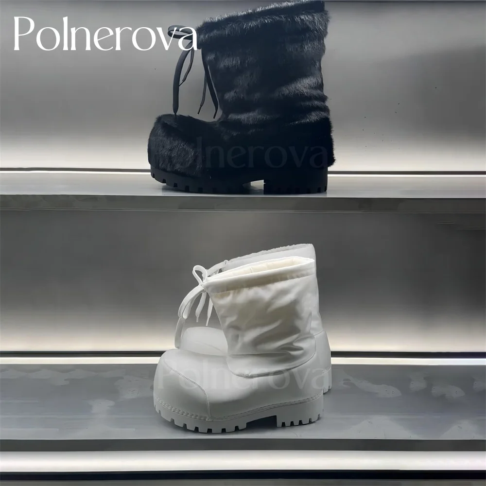 Botines de punta Extra redonda para hombre y mujer, botas de nieve de estilo exagerado, piel Artificial, nailon, cálidas, de invierno, color blanco y negro