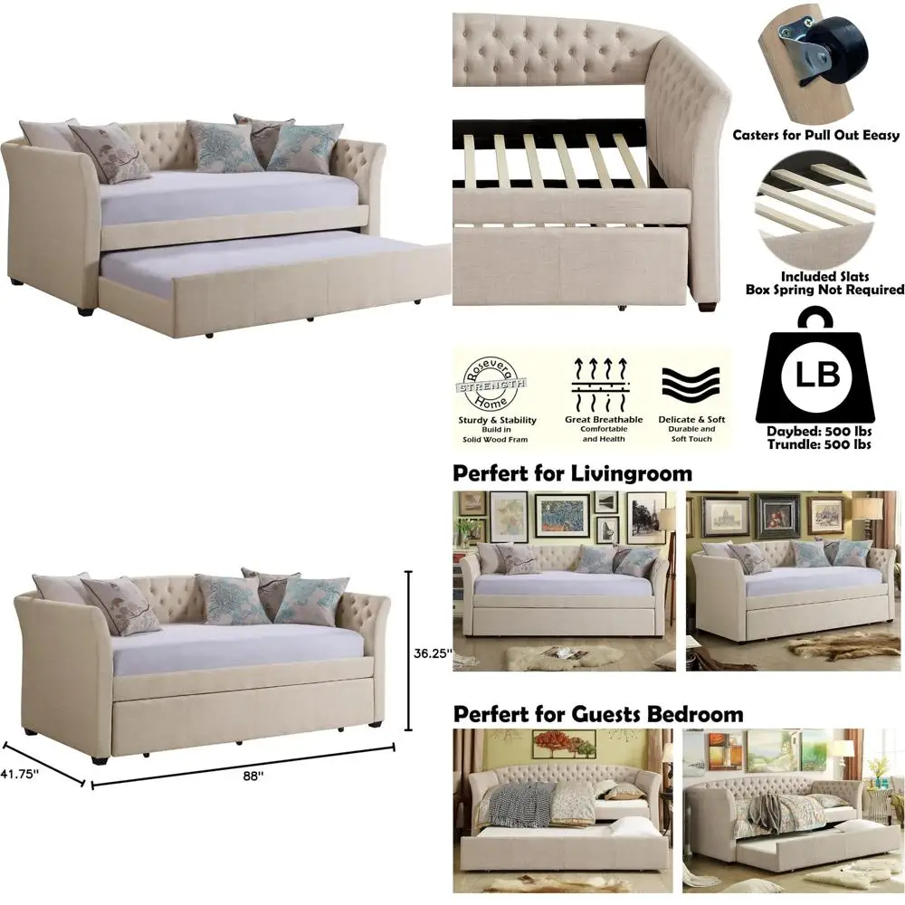 

Beige Twin Size Daybed with Button Tufted Upholstery, Trundle Included, Suitable for Living Room, Bedroom, or Guest Room