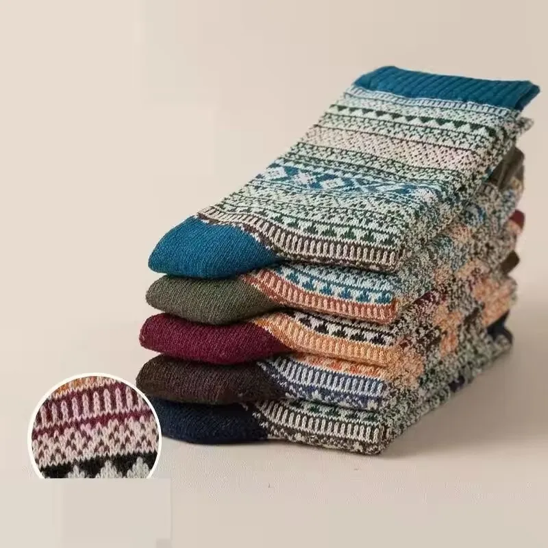 5 Pairs Winter Men's Socks Thicken Wool Socks Warm Men Retro Style Colorful Fashion Man Socks For Snow Boots EU Size 38-44