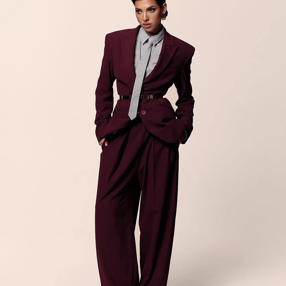 Vintage Elegant Women Burgundy Oversized Suit Single Breasted Blazer Wide Leg Pants Formal Business Street Party 2 Piece Outfit