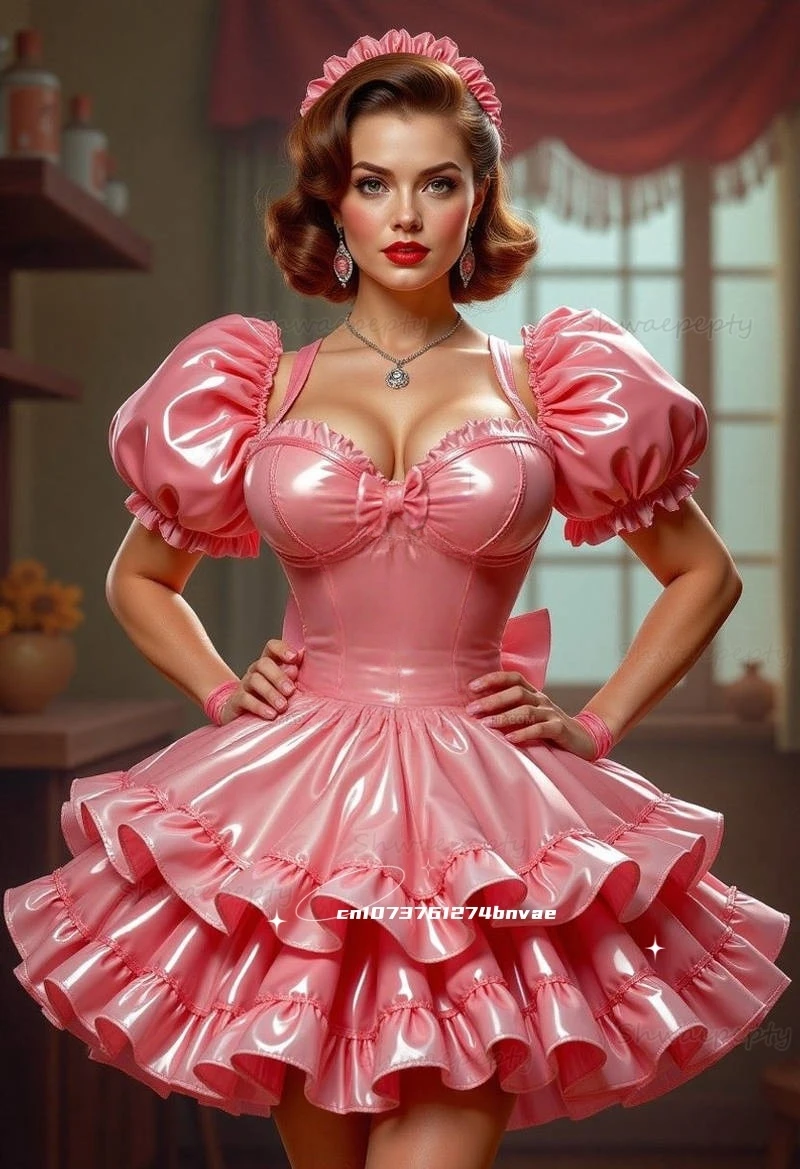 Schickes rosa kurzes Ballkleid, abgestuftes glänzendes PVC-Korsett, Cosplay-Partykleid, 2026, Rüschen, Vintage-Maskerade-Kostüm, individuell gestaltet
