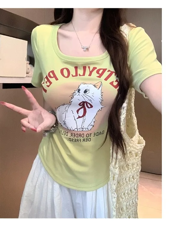 

plus Size Women's Slim Fit Short Sleeve T-Shirt U-Neck Print Korean Style Summer Fashion Casual Top Large Size Inner Wear