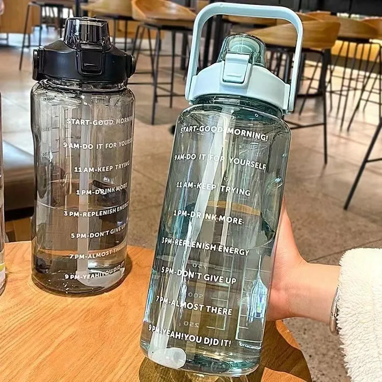 2000ml Water Bottle with Straw, Large Capacity Plastic Cup, Portable Outdoor Sports Fitness Drink Bottle with Time Mark