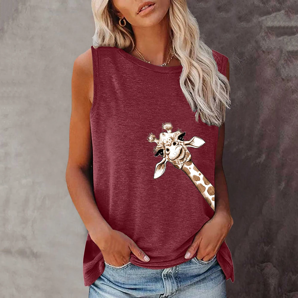 Seeyoushy Giraffe Print Top New Summer Casual Sleeveless Women\'s T-shirt Y2K Trend Streetwear Harajuku Ropa Para Mujer