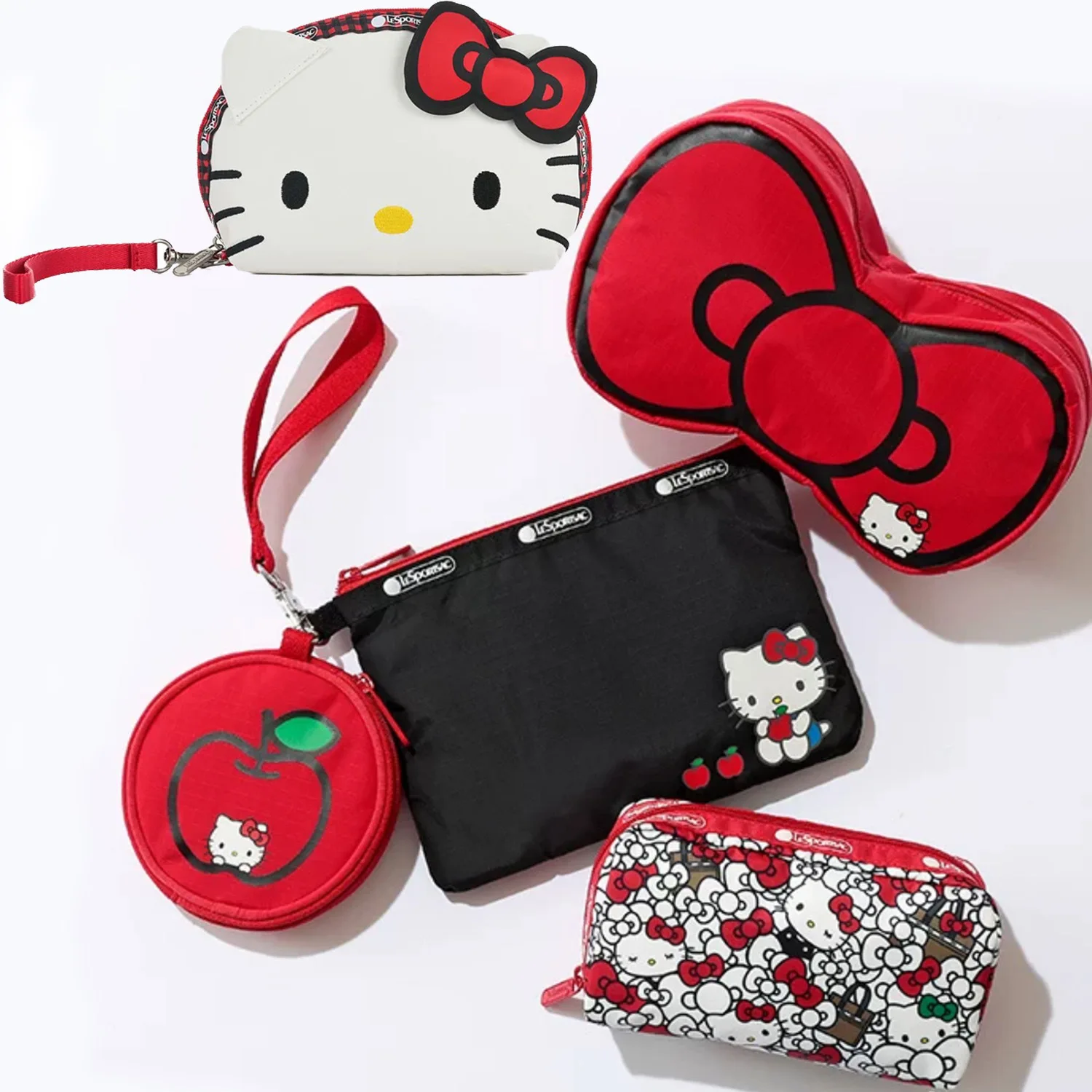 New Style Kawaii Hello Kitty Printed Bow Handbag Girl Cute KT Holding Apple Storage Bag Coin Purse Halloween Holiday Gift Sanrio