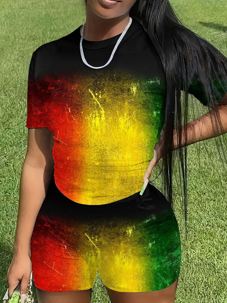 XXS-6XL Set celana pendek lengan pendek leher bulat ukuran Plus mode wanita Set warna gradien kontras garis Reggae ZOOY