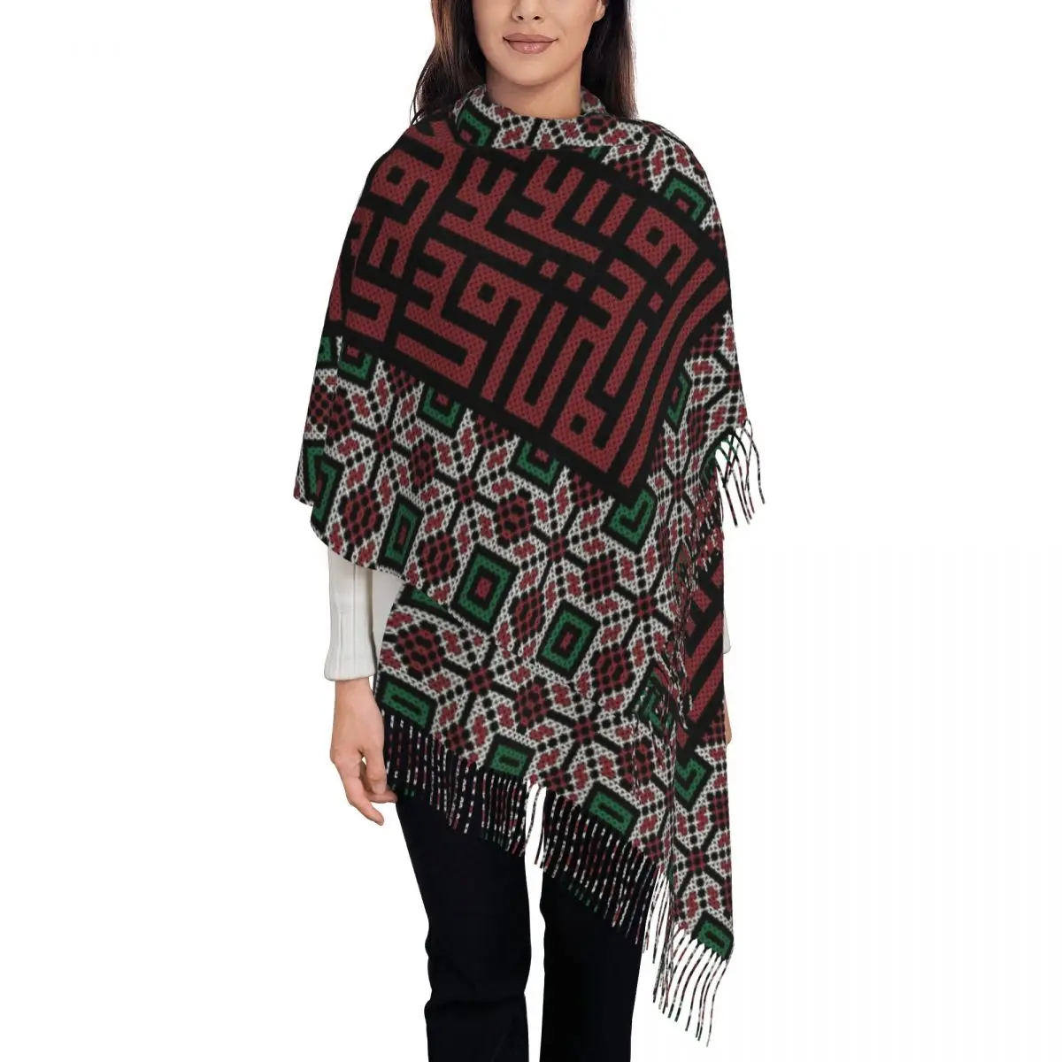 Women\'s Scarf with Tassel Palestinian Kufiya Hatta Keffiyeh Pattern Large Warm Shawl Wrap Palestine Gifts Pashmina Scarves