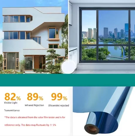 Silver Blue HD PET Heat Insulation One Way Vision Glass Film Roll Anti UV Privacy Tint DIY Install For House And Office Building