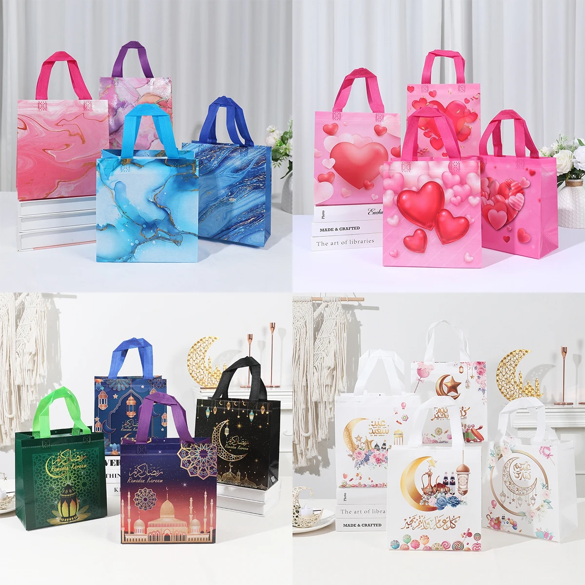 4pcs Eid Mubarak Non-woven Tote Bag For Ramadan Kareem Party Gift Packaging Decoration Islamic Muslim Holiday Candy Cookies Bag