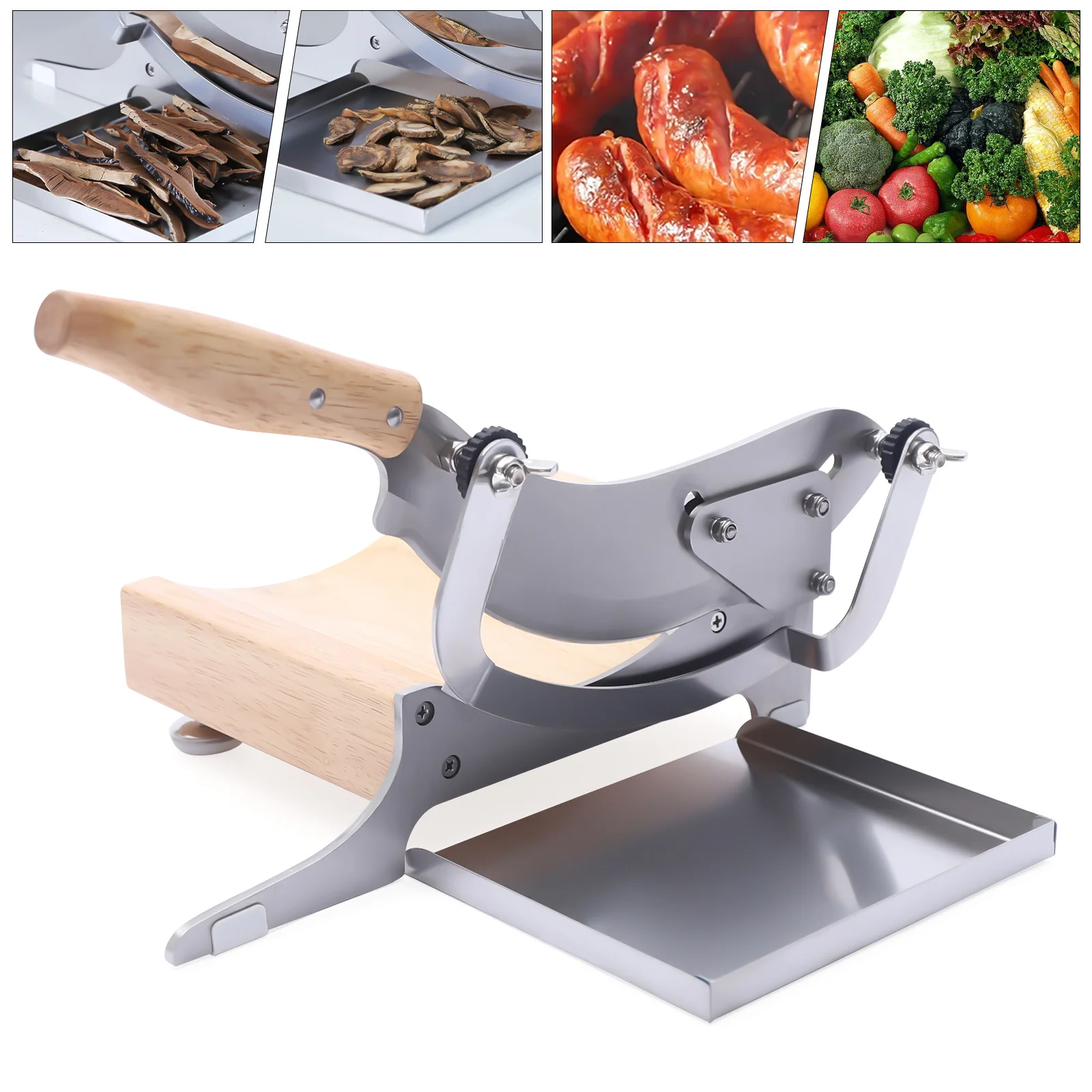 Heavy-Duty Kitchen Cutter 14.37in, Manual Herb Slicer with Rubber Wood Base & Drawer Tray for Ginseng