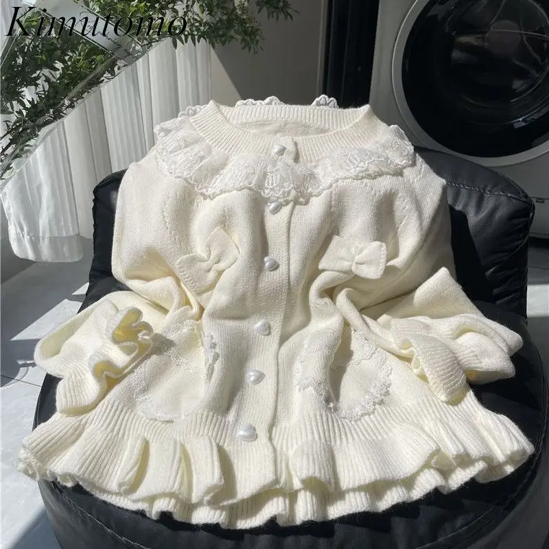Kimutomo Knitted Cardigan Women Sweet Lace Patchwork Outwear Bow Vintage Elegant Y2k Aesthetic Preppy Style Sweater Female