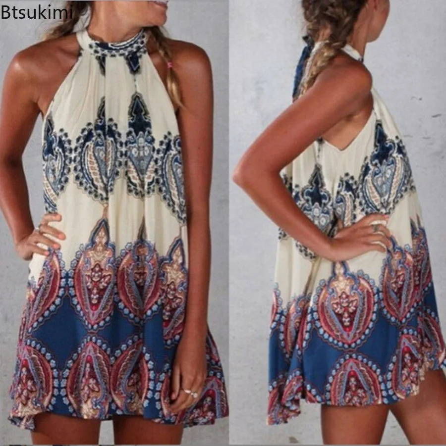 2025 New Summer Style Women Casual Sexy Loose Prining Neck-mounted Dress Ladie Fashion Sleeveless Boho Vestidos Beach Mini Dress