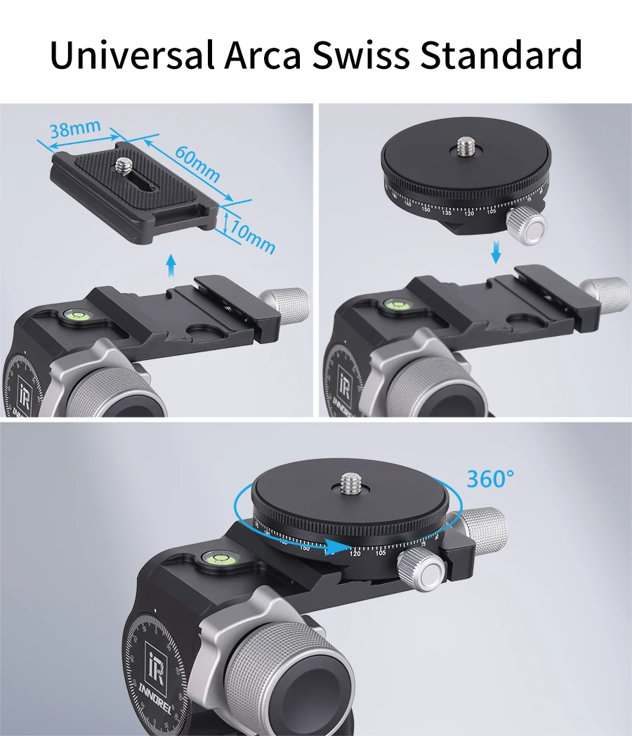 GR5 CNC-Aluminiumlegierung, hochpräziser 3-Wege-Stativkopf mit Getriebe, Tragfähigkeit 6 kg, mit Arca-Typ-QR-Platte, für Fotografie-Kameras – Detail 7