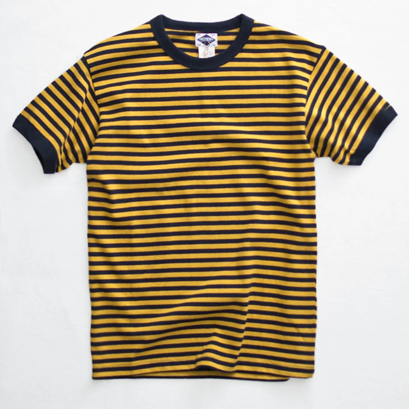 Summer new trendy men's heavy vintage T-shirt cotton crewneck crew shirt blue and white striped short sleeves