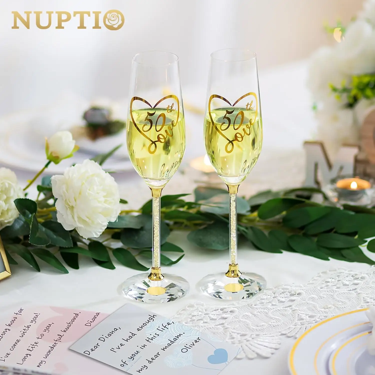 مزامير الشمبانيا للذكرى الخمسين، مجموعة من 2 كؤوس تحميص كريستالية ذهبية مع صندوق خشبي، كؤوس نبيذ منقوشة لحفلات الزفاف، ثنائية