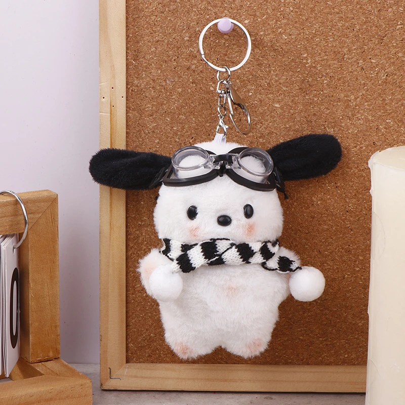 Swim Goggles Pochacco Plush Toy Cartoon Scarf Puppy Pendant Soft Stuffed Doll Keychain Car Key Ring Backpack Bag Decor