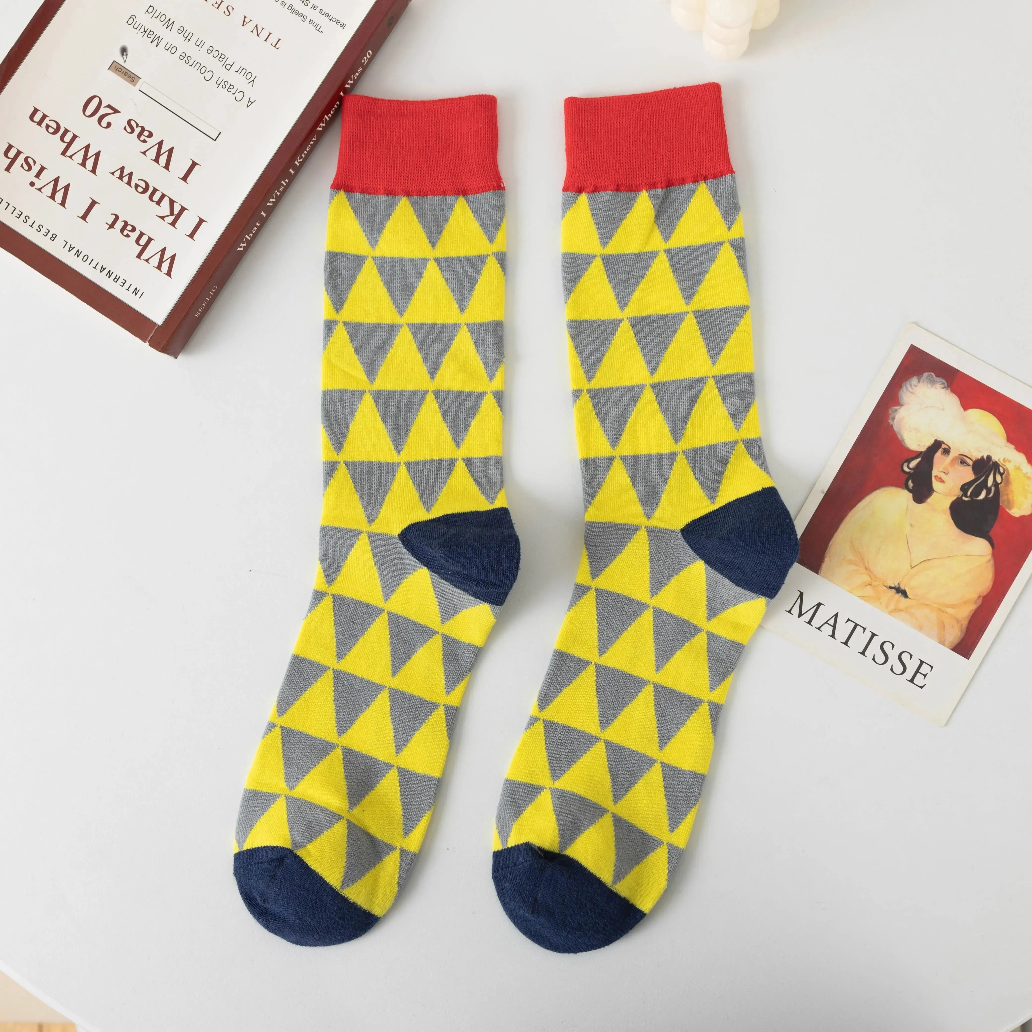 5 Pairs New Men and Women Couple Socks Geometric Color Triangle Plaid Stripe Contrast Color Fashion Trend Harajuku Style Tube So