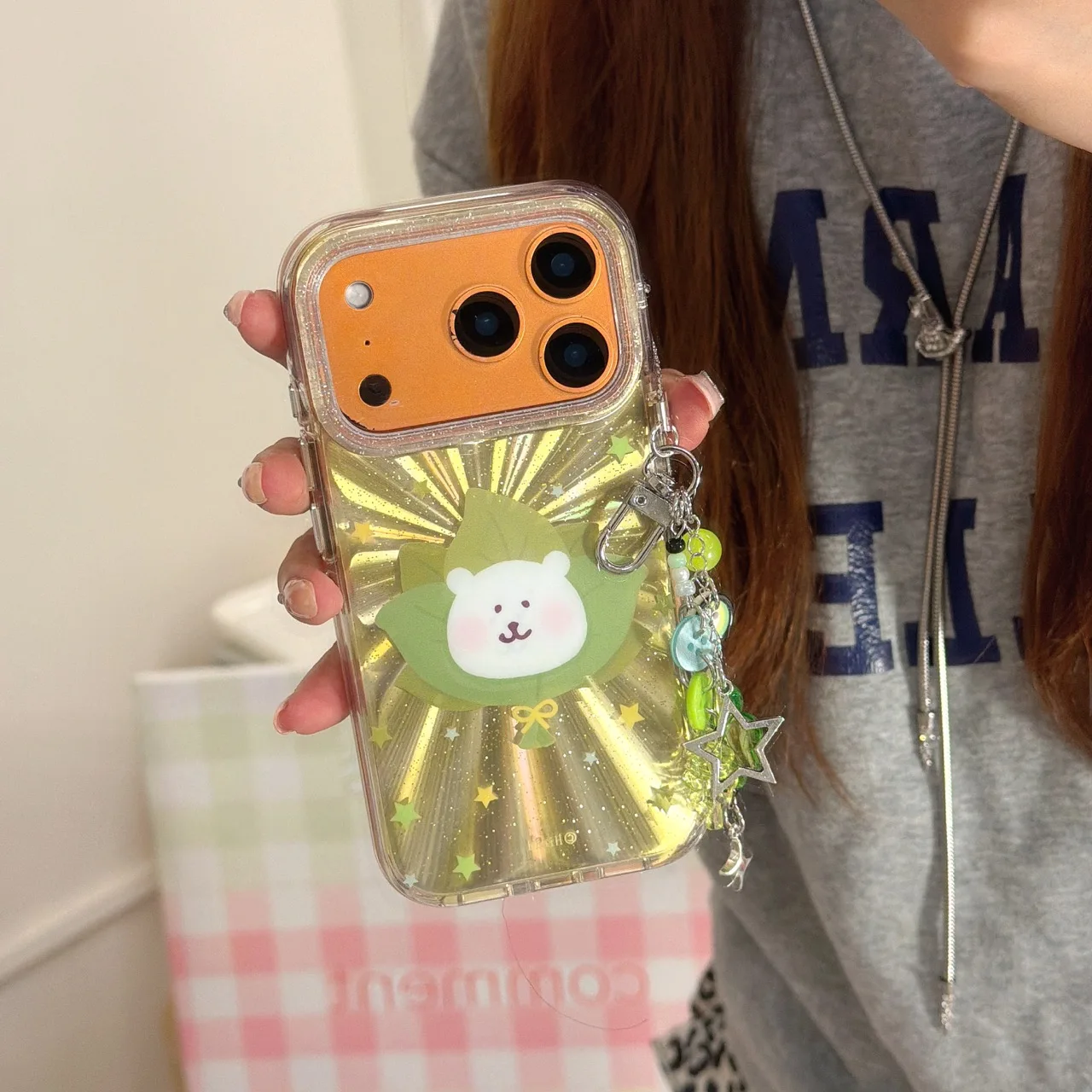 Round-Edge Airbag Double-Sided IMD Grapefruit Leaf White Bear Phone Case for iphone 17 Promax  16 15 14  13 Back Cover Gift