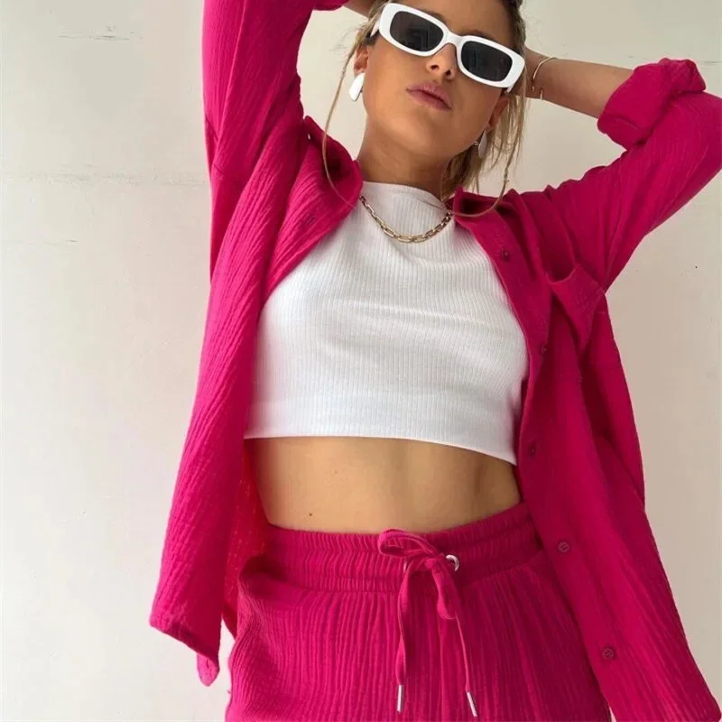 

Nice Solid Pleated Two Piece Set For Women Summer Women's Two Piece Casual Long Sleeve Short Sets Fashion Button Outfits Suit