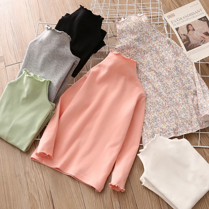 2025 Spring Autumn 2 3 4 6 8 10 Years Children'S Candy Color Turtleneck Long Sleeve T-Shirt For Kids Girls High Neck Basic Tops