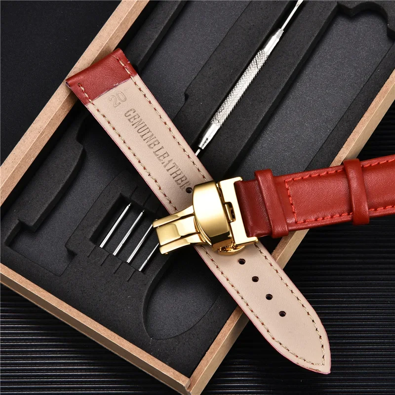 Genuine Leather Watchbands 16mm 18mm 20mm 22mm 24mm Universal Watch Butterfly Buckle Band Steel Buckle Strap Watch Band With Box