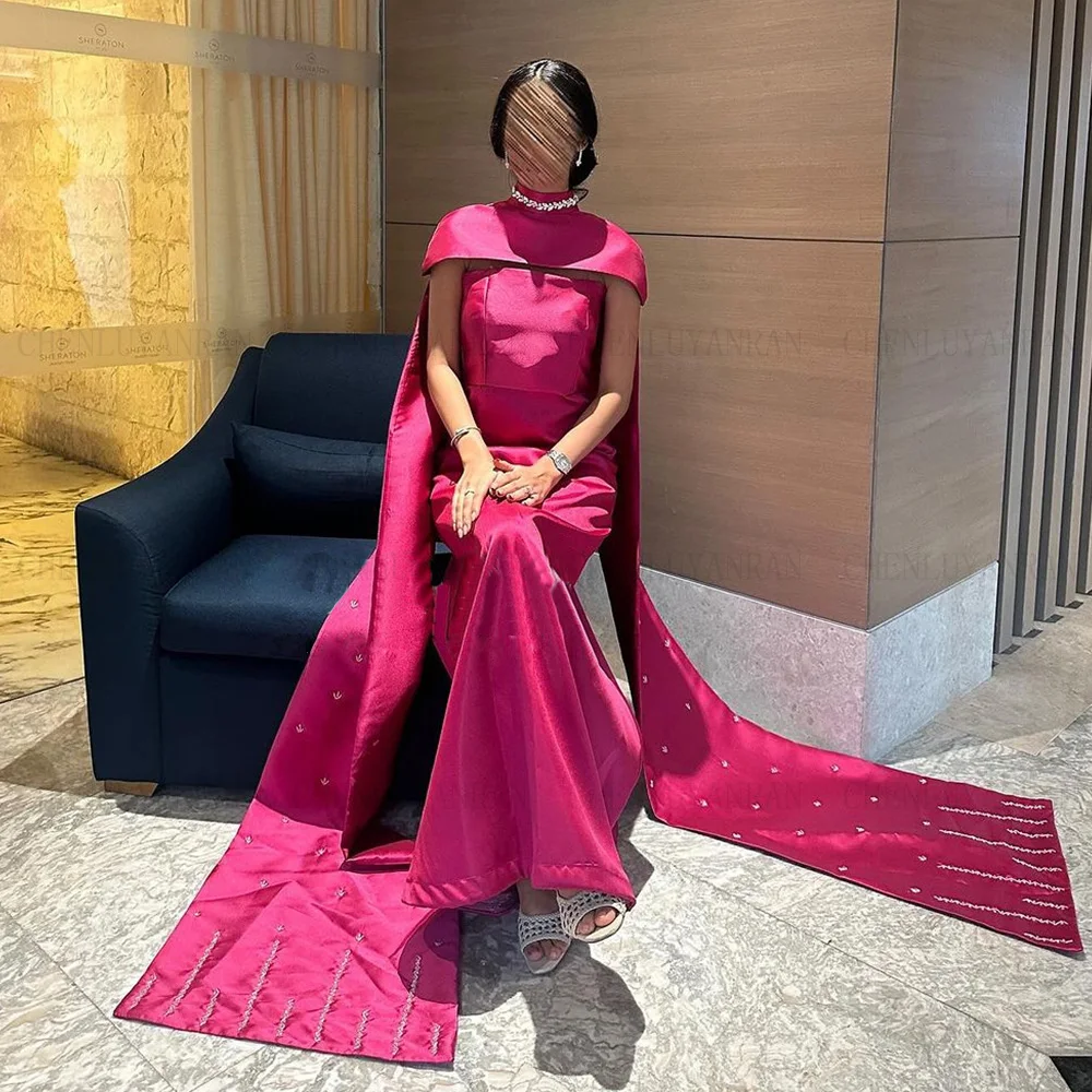 Hot Pink Satin Formal Occasion Dresses 2024 2 Pieces Set Long Ball Gowns Beading Elegant Evening Party Gown فساتين الحفلات