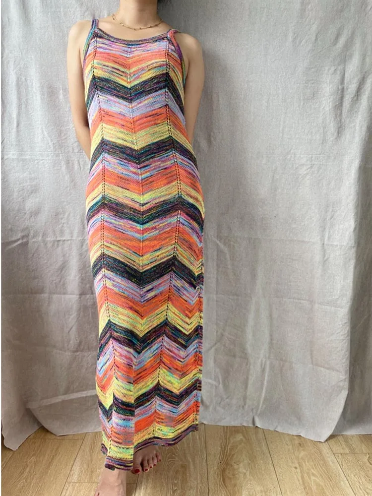 Colorful Wave Striped MIdi Knit Dress Women 2024 Multicolor Long Dress Bohemian Women Clothes