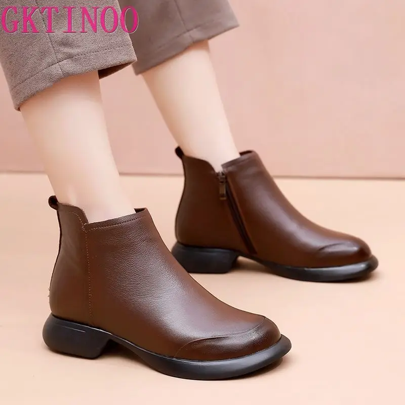 GKTINOO 2024 Autumn Winter Women Boots Genuine Leather Flat Heel Side Zipper Soft Soled Retro Style Casual Mother Short Boots