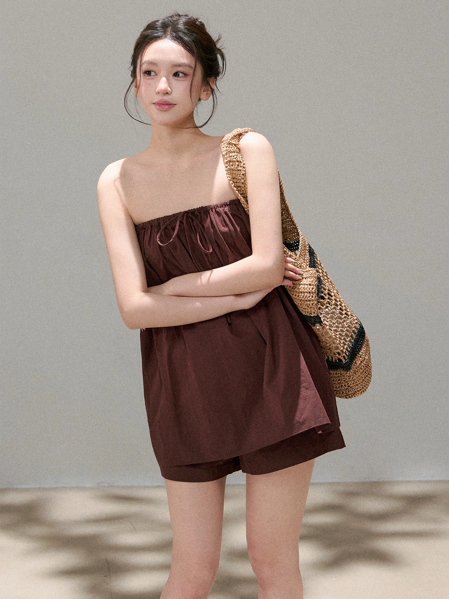 

OIOI E oulder Bared Belted Top orts Set High Waist Spring Faion Women's Two-Piece Suit Color Svel Midi D...