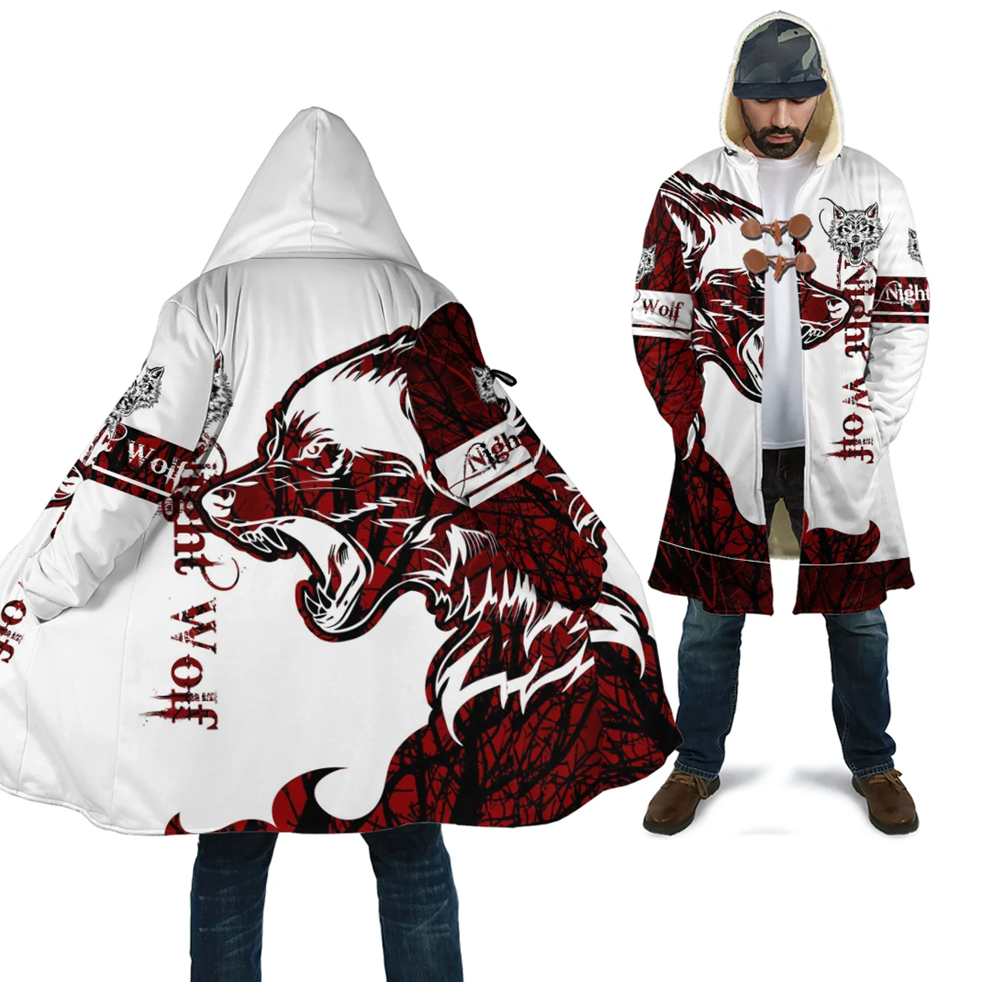 

Night Wolf Red Tattoo Pattern 3D All Over Printed Men's Fleece Hooded Cloak Winter Unisex Casual Thick Warm Cloak Coats PF106