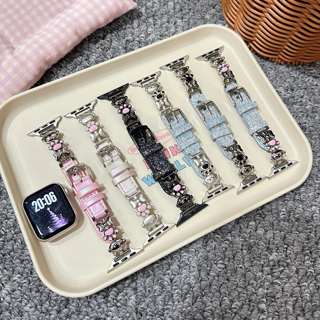 

Cute Cat Paws Denim Leather Women for Apple Watch Band Series 8/7/6/10 40mm 41mm 38mm 42mm 44mm 45mm 46mm Strap