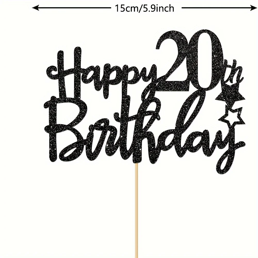 1 Stück 20th Cake Topper, schwarzer Glitzer 20. Dekoration für 20 Jahre Party, Jubiläum Prost – Detail 3