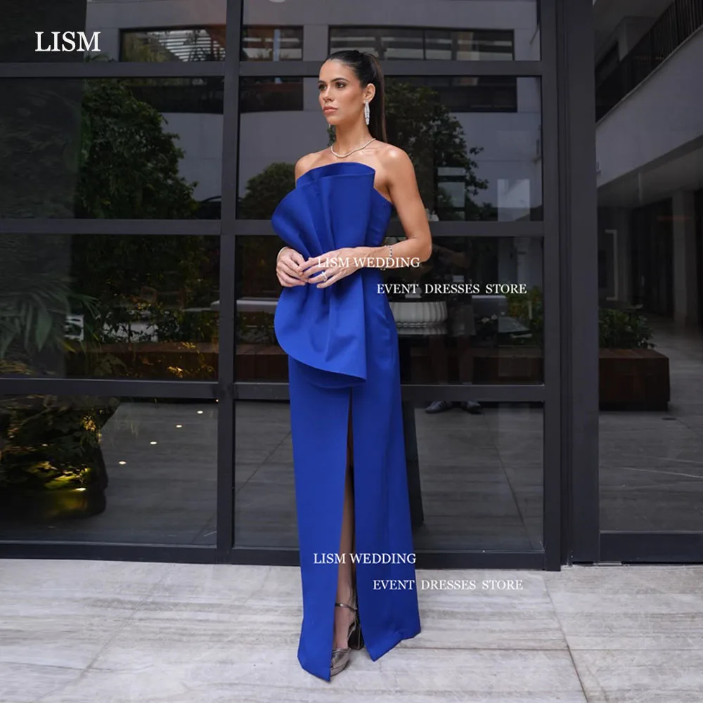 

LISM Elegant Blue Satin Mermaid Evening Dresses Saudi Arabic Women Strapless High Side Split Long Formal Occasion Dress Event