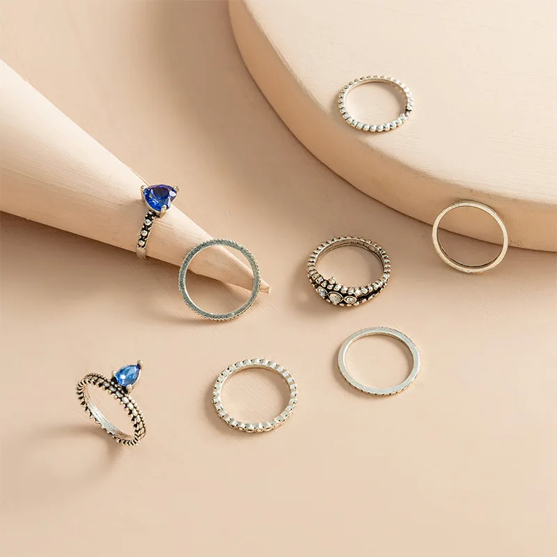 8-piece set of diamond card blue love ring set wholesale mix and match plain ring retro ring female niche