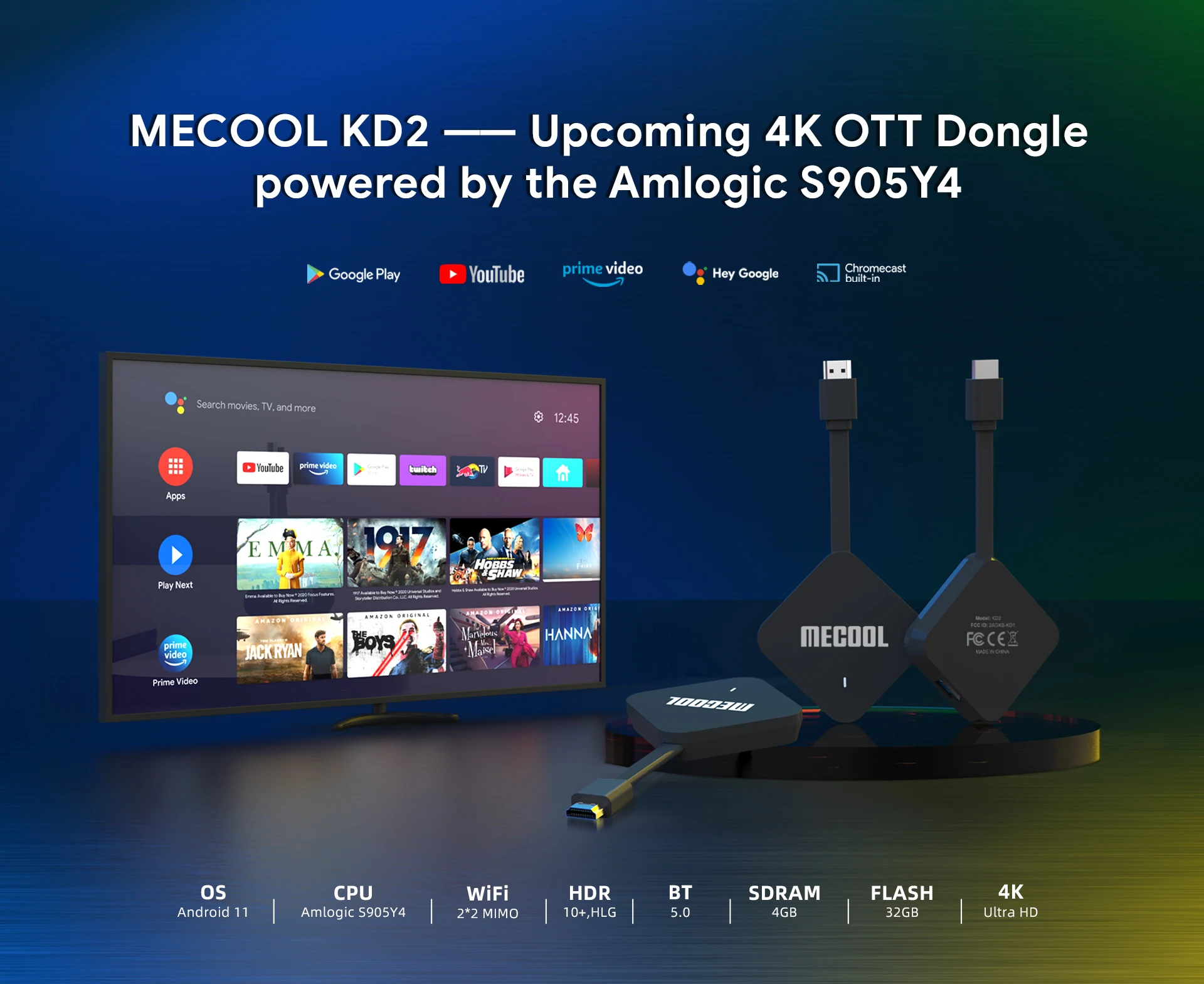 MECOOL KD2 Android 11 TV Stick Amlogic S905Y4 Google Сертифицированный медиаплеер 4 ГБ 32 ГБ DDR4 Android tv 5G WiFi Prime Video TV Stick