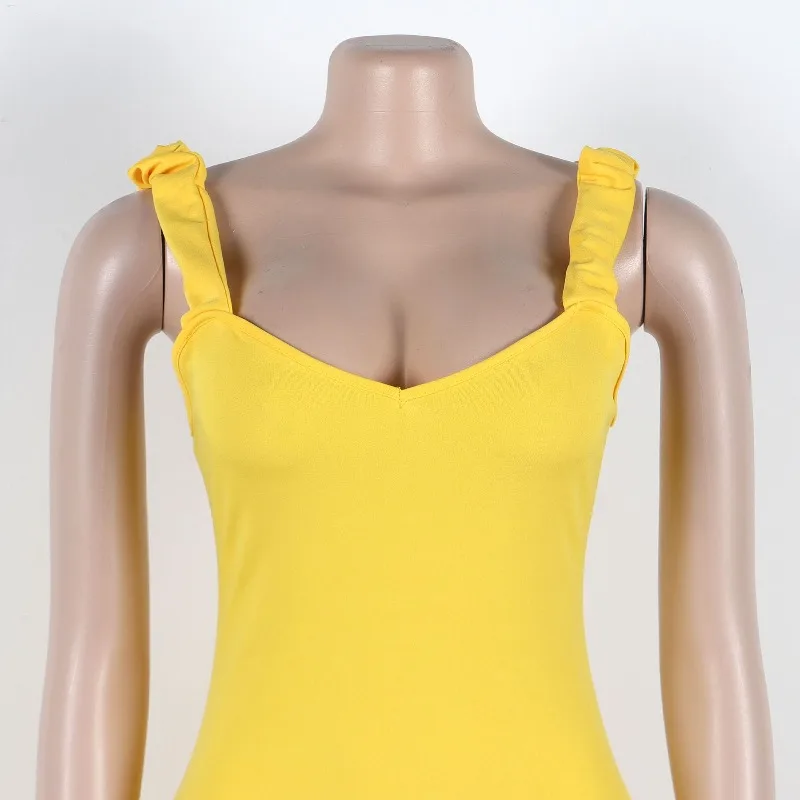 Sexy Spaghetti Strap V-neck Party Mini Dresses Woman Night Club Sleeveless Sheath Backless Ruffles Hem Bodycon Dress Birthday