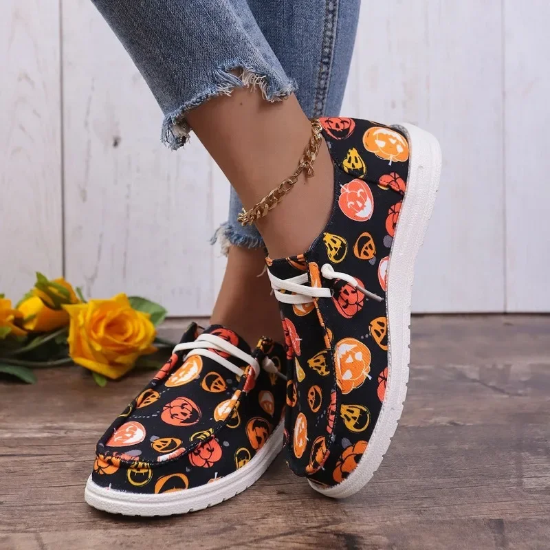 Print Casual Schoenen Halloween Dames 2024 Nieuwe Lichtgewicht Comfortabele Canvas Schoenen Outdoor Sport Platte Ronde Neus Schoenen