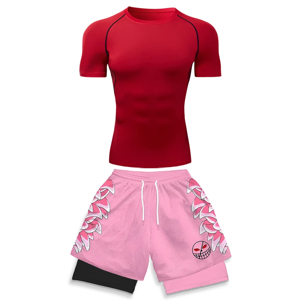 High Elasticity Workout Gear for Men White Compression T-shirt & Pink 3D Graphic Print Running Shorts Anime Gym Jogging Clothes view 5