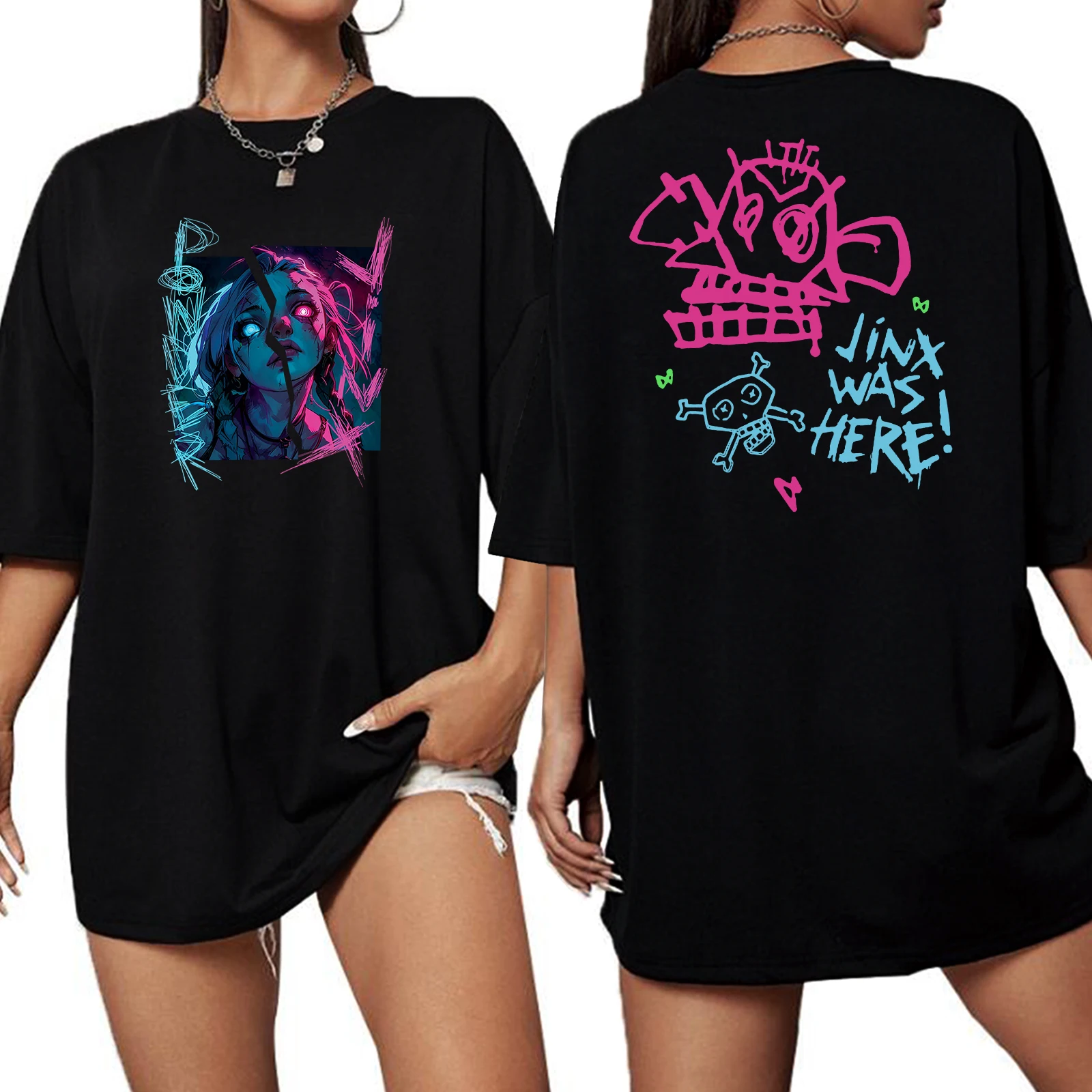 Arcane Broken Jinx Graffiti Art Camiseta extra grande com gola redonda e manga curta camisas grandes da moda