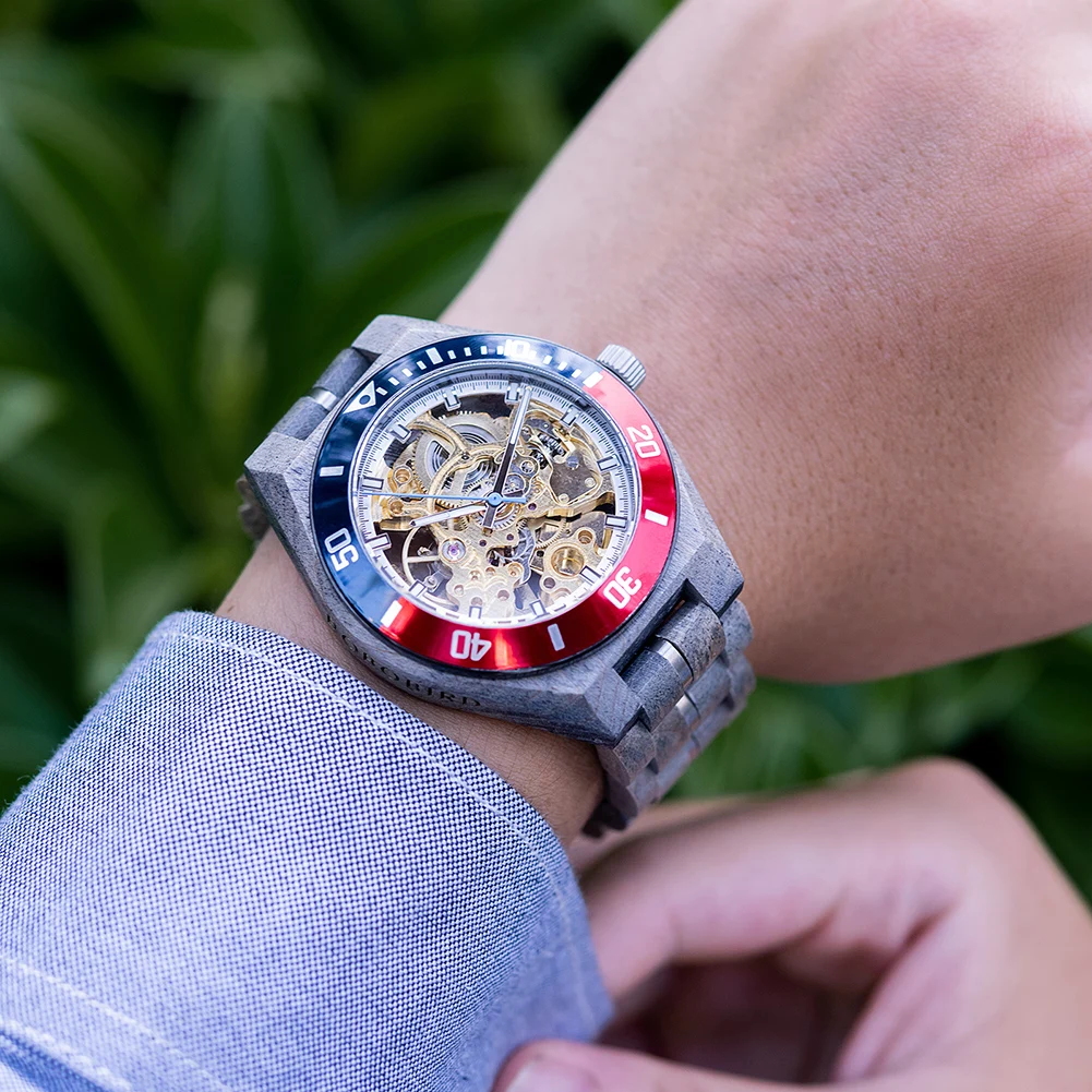 Relógio mecânico bobo bird relógios de madeira masculino luxo moda relógio de pulso automático luminoso caixa de presente personalizado oem