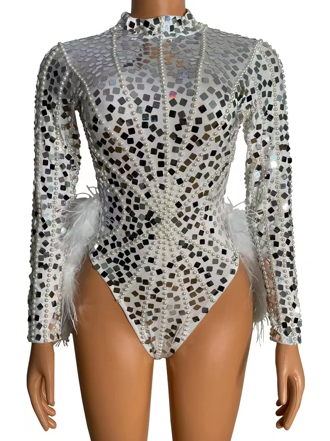 Sparkly Silver Sequins Pear| White FeathersBodysuit 2 PCS Set Women  NightclubOutfit Performance Dance Costume Stage Wear A651