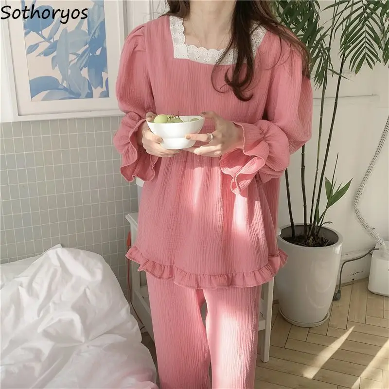 Pajama Sets Women Solid Ruffles Creativity Lovely Age-reducing All-match Korean Style Leisure Trendy Simple Home Prevalent Lace