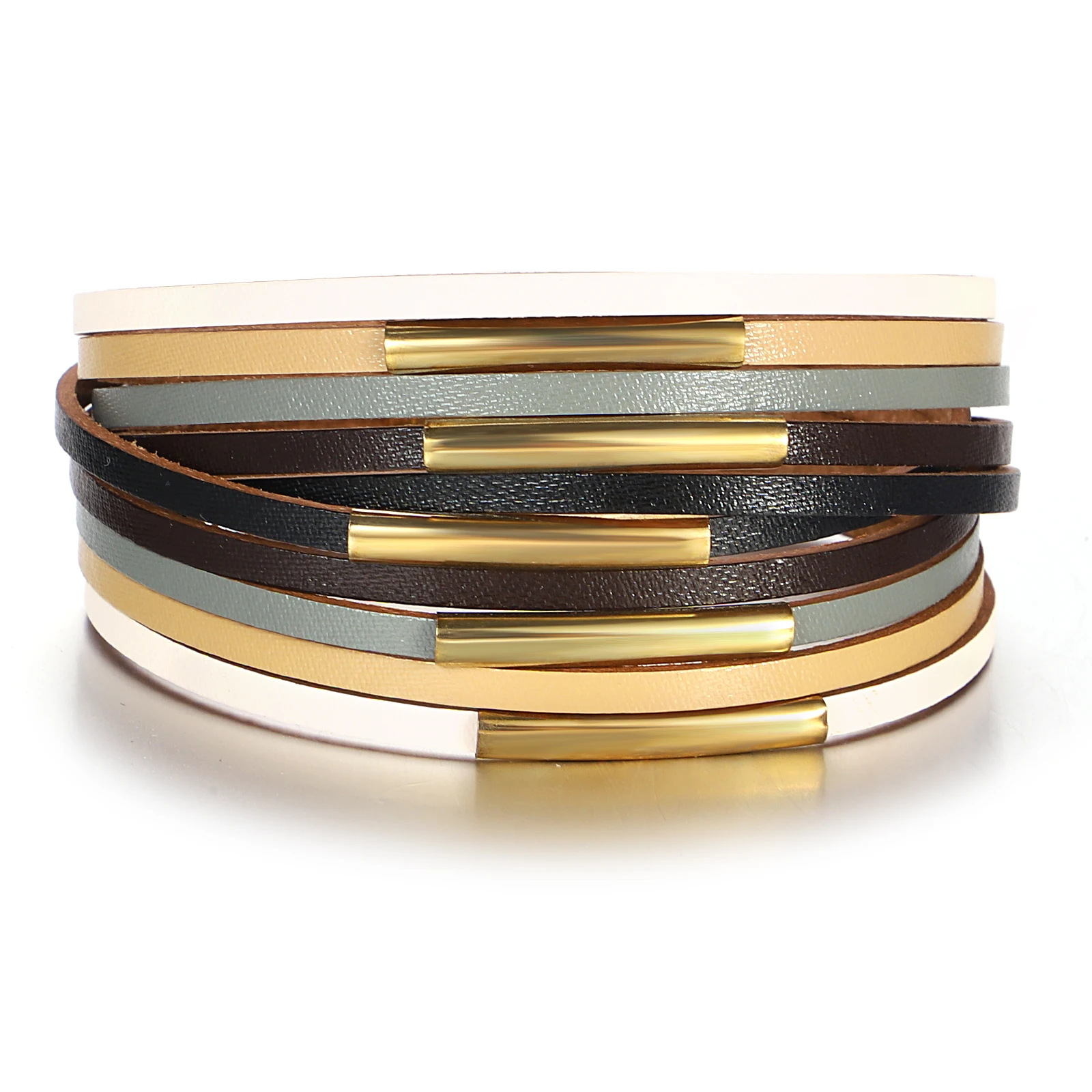 

Amorcome Elegant Metal Tube Multilayer Leather Bracelet Women Stackable Wrapping Printed Wide Bracelet Holiday Jewelry Gift