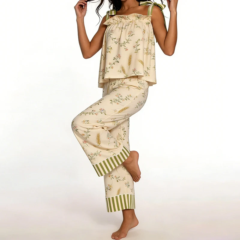 

Women's Satin Silk Pajamas Set Vintage Floral Print Tie Shoulder Crop Tops with Wide Leg Pants Lounge Wear 2 Pcs Set Outfits