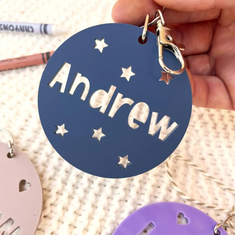 Customized Name keychain Personalised Acrylic Bag Tagthe Perfect Back to School gift  Nursery Bag Tag with Stars or Hearts