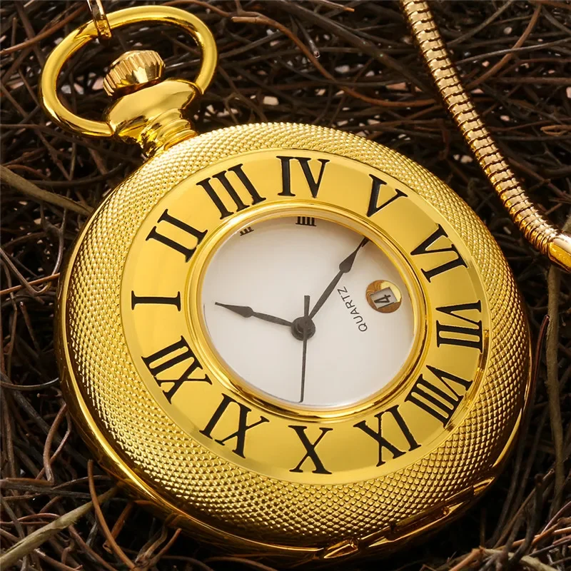 

Antique Roman Number Display Quartz Pocket Watch for Men Women Fob Pendant Chain Date Function Collectable Clock Gift