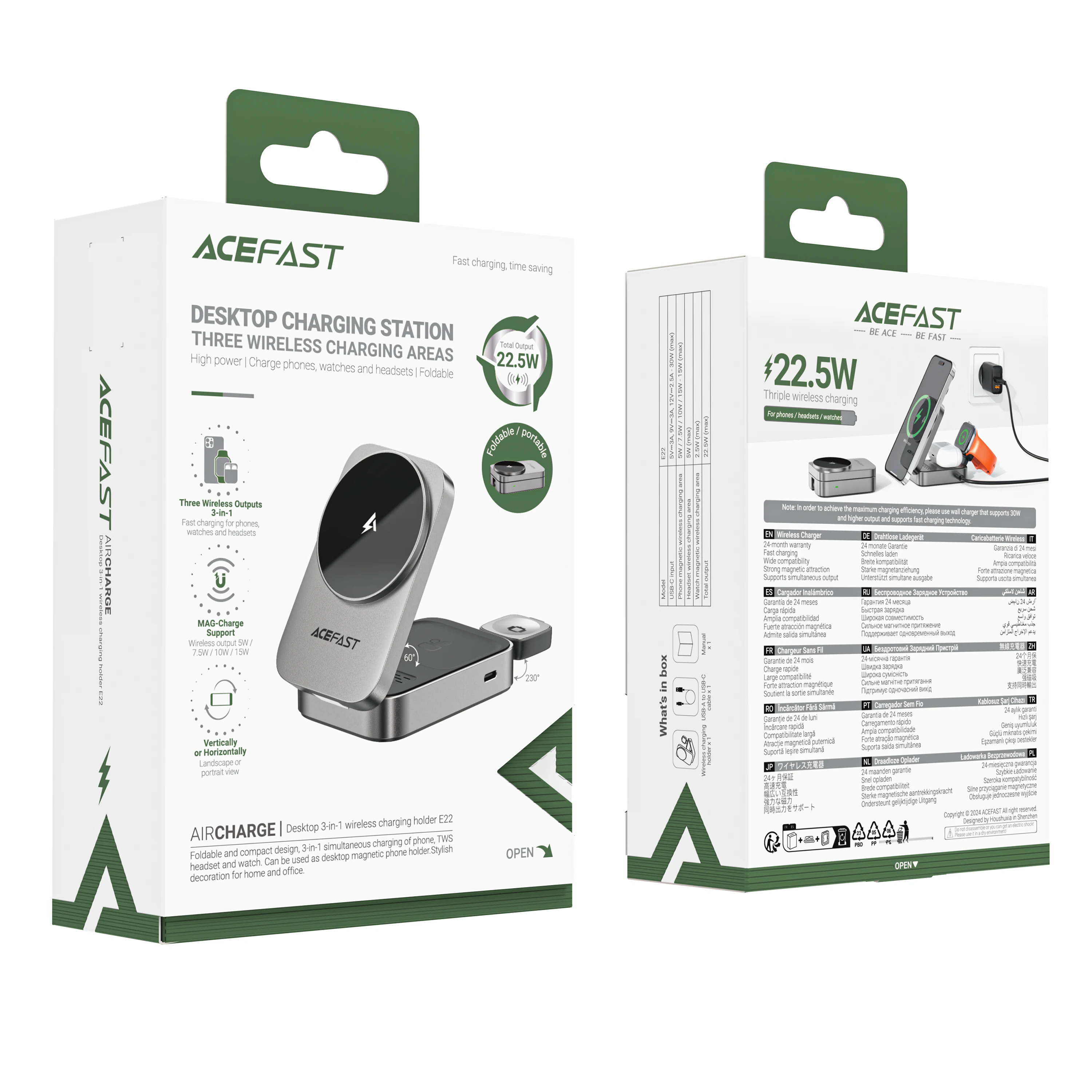 ACEFAST 3in1 15W 자기 무선 접이식 충전 홀더(iPhone 16/15 Pro Max용) iwatch/Airpods용 데스크탑 충전 스테이션