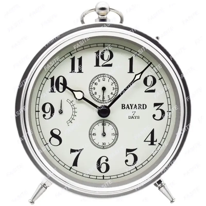 

Seven Days Mechanical Movement Alarm Clock Metal Modern Clockwork Large Volume Bedroom Desktop Table Clocks Silver Desk Decor